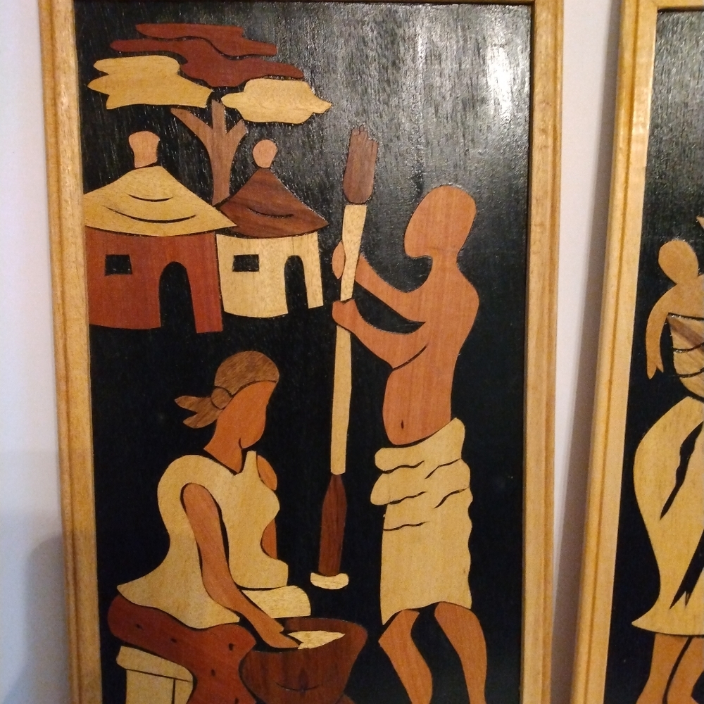 Ghana Africa marquetry pictures. Wood on wood. Framed. - Picture 3 of 4